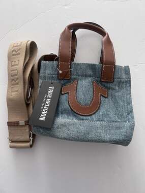 NWT True Religion Mini Denim Tote Bag with Adjustable Logo Strap